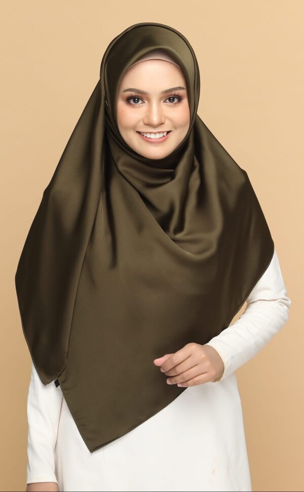 Azraa Square Satin Scarf - Dark Olive (L)
